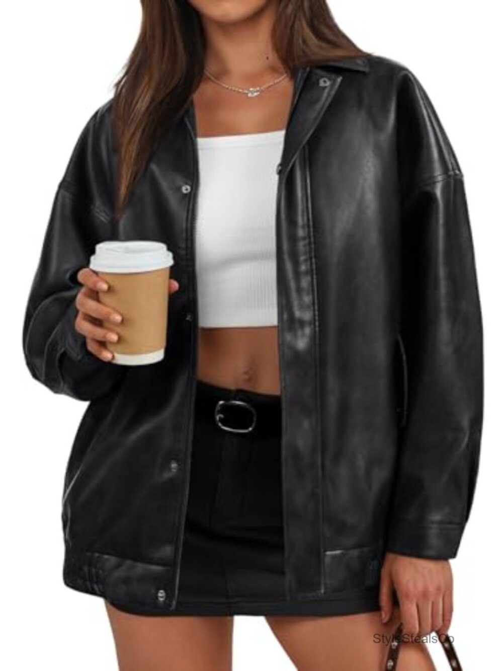 Oversized Faux Leather Bomber Jacket Textured Zip Coat Loose Fit